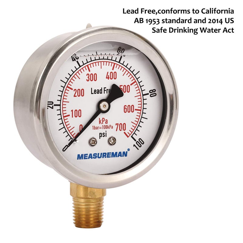 MEASUREMAN مقياس ضغط خالٍ من الرصاص من ميزورمان، قرص 2-1/2 بوصة، مملوء بالجليسرين، نطاق 0-100 رطل لكل بوصة مربعة/كيلو باسكال، غلاف من الفولاذ المقاوم للصدأ، تركيب سفلي 1/4 إنش إن بي تي - Image 4