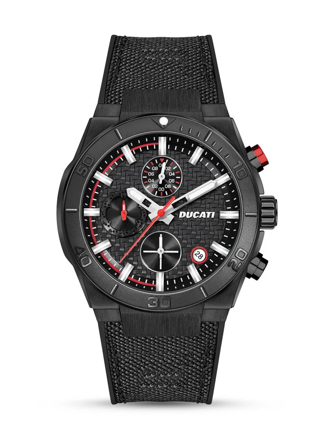 دوكاتي Ducati DT007 Chronograph Watch - 43.5MM Textured Black Dial with Red Accents, Black Leather Strap, Water Resistant up to 50M, Iconic Racing Design for Everyday Style