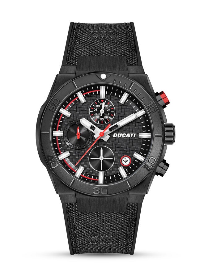 Ducati DT007 Chronograph Watch - 43.5MM Textured Black Dial with Red Accents, Black Leather Strap, Water Resistant up to 50M, Iconic Racing Design for Everyday Style - Image 1
