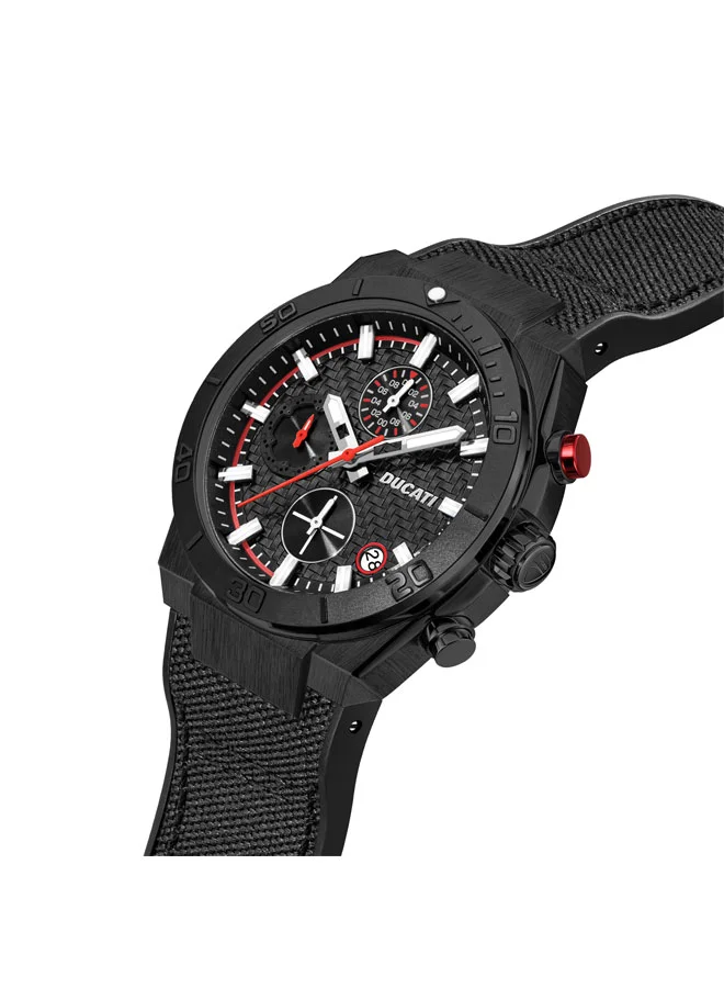 دوكاتي Ducati DT007 Chronograph Watch - 43.5MM Textured Black Dial with Red Accents, Black Leather Strap, Water Resistant up to 50M, Iconic Racing Design for Everyday Style