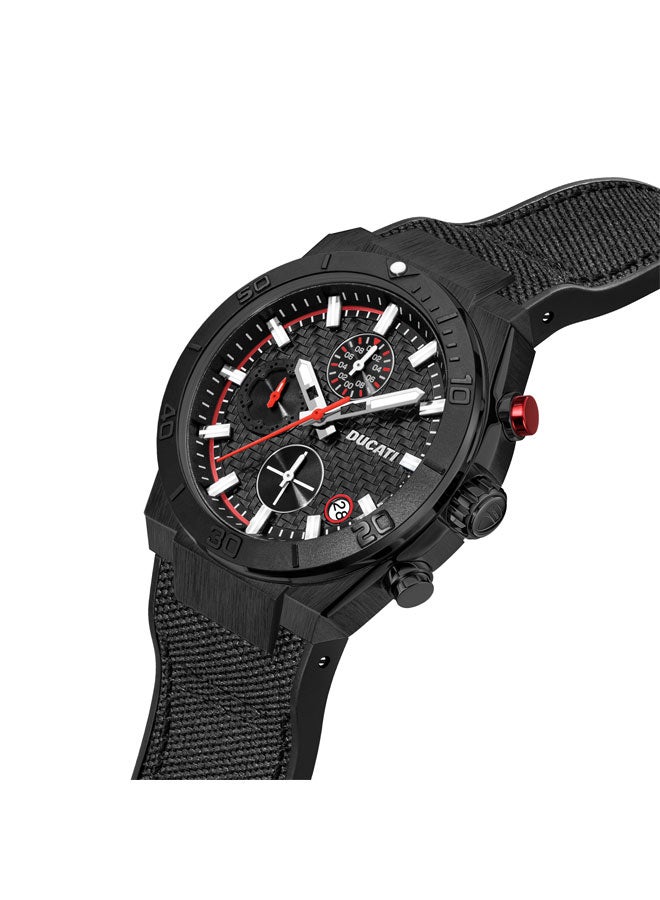 Ducati DT007 Chronograph Watch - 43.5MM Textured Black Dial with Red Accents, Black Leather Strap, Water Resistant up to 50M, Iconic Racing Design for Everyday Style - Image 2
