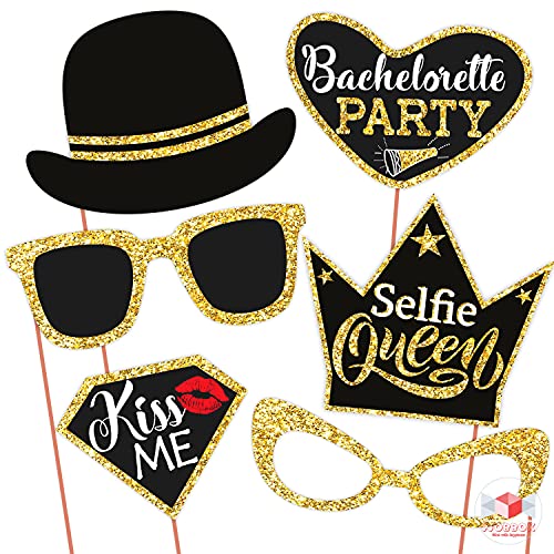 WOBBOX Bachelorette Party Photo Booth Props for Bride & Groom, Bridal Shower Props, Bachelorette Party Decoration, bride to be party decorations items- Golden Glitter & Black - Image 3