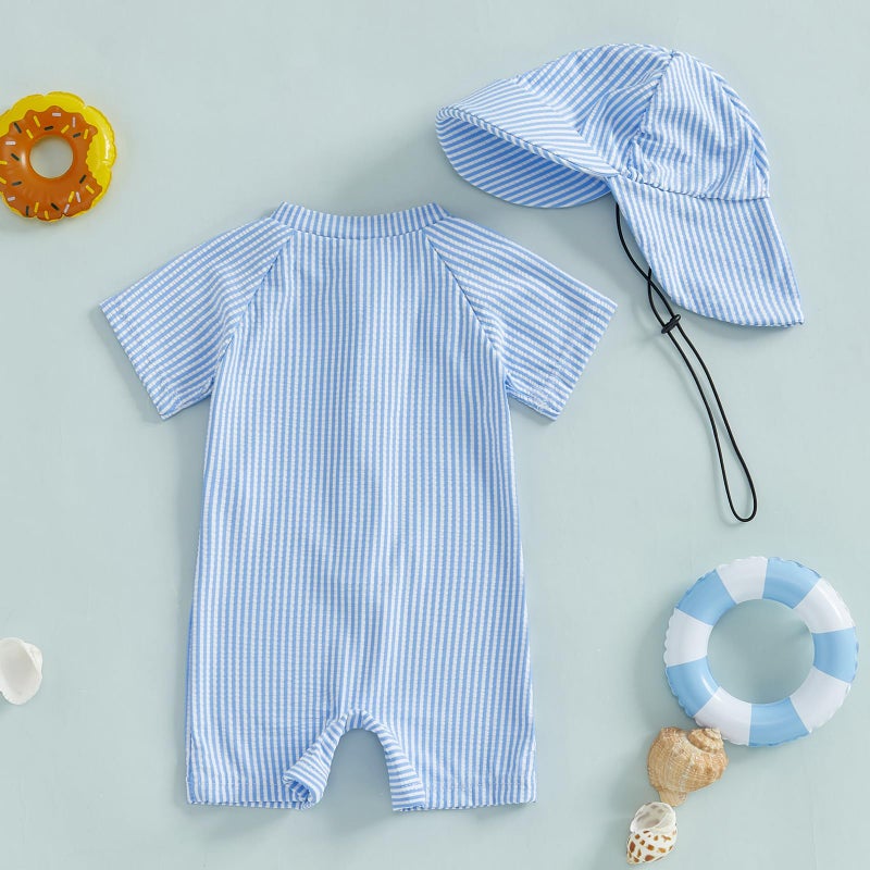 Nibbcoa Toddler Baby Boys Seersucker Short Sleeve One Piece Rash Guard Swimsuit Zipper Bathing Suit Swimwear with Hat (Blue, 6-12 Months) - Image 3