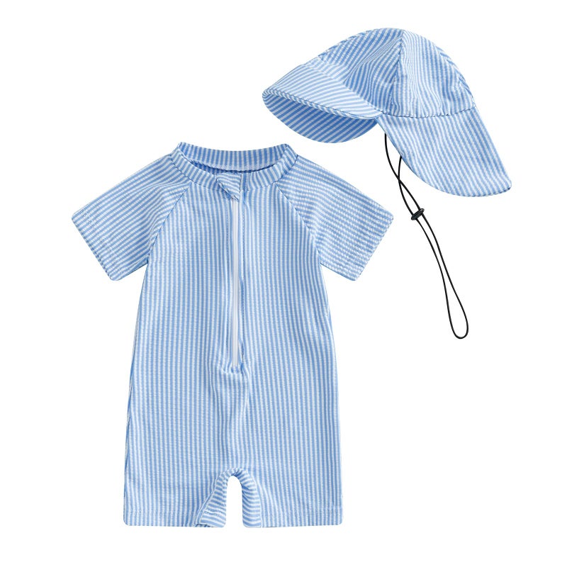 Nibbcoa Toddler Baby Boys Seersucker Short Sleeve One Piece Rash Guard Swimsuit Zipper Bathing Suit Swimwear with Hat (Blue, 6-12 Months) - Image 1