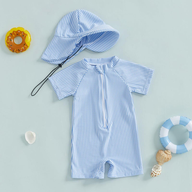 Nibbcoa Toddler Baby Boys Seersucker Short Sleeve One Piece Rash Guard Swimsuit Zipper Bathing Suit Swimwear with Hat (Blue, 6-12 Months) - Image 2