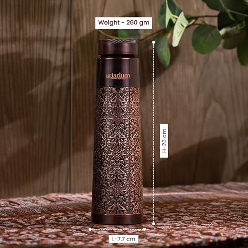 Artarium Antique Floral Design Glossy Finish 1 Litre Ayurveda Inspired Copper Water Bottle Leak Proof Bottle For Office Home Boosts Immunity Supports Digestive Liver Health (Antique Etching Bottle) - Image 3