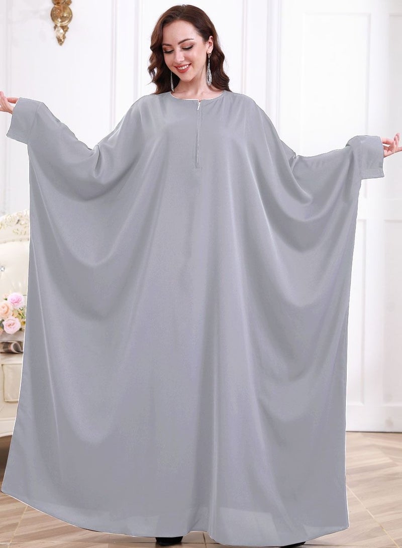 إسكدنيا Women's Casual Solid Color Long Sleeves Abaya Full Length Batwing Sleeves Dress Liturgical Clothes Muslim Light Grey 