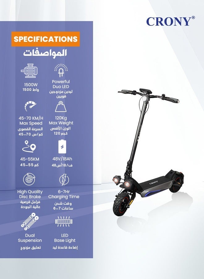 T2 1500W E-Scooter for Adults, 70KM/H Max Speed, 45-55KM Range, 10" Tires, 48V18A Battery, Dual Suspension, Front and Rear Disc Brakes, Aluminum Frame, Brushless Motor High-Speed Teens Electric Scooter , All-Terrain Off-Road Tubeless Tires, Mobile App-Connected Smart Commuter Scooter, Foldable Heavy Duty Urban Mobility E-Bike for City and Adventure Riders - Image 2