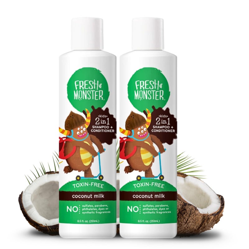 Fresh Monster 2-in-1 Kids Shampoo & Conditioner, Toxin-Free, Hypoallergenic, Tear-free Shampoo & Conditioner for Kids, Coconut (2 Pack, 8.5oz/each) - Image 1