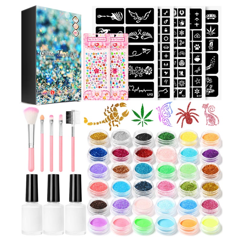 Glitter Tattoo Kit: 6 Boxes Fluorescent Glow In The Dark Cosmetic Grade Fine Powder, With 5 Sticky Removable Body Art Templates - Multi-use For Face Body Nail Hair Craft Projects For Party DIY Makeup - Image 1