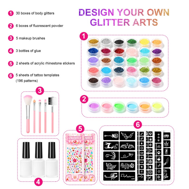 Glitter Tattoo Kit: 6 Boxes Fluorescent Glow In The Dark Cosmetic Grade Fine Powder, With 5 Sticky Removable Body Art Templates - Multi-use For Face Body Nail Hair Craft Projects For Party DIY Makeup - Image 2
