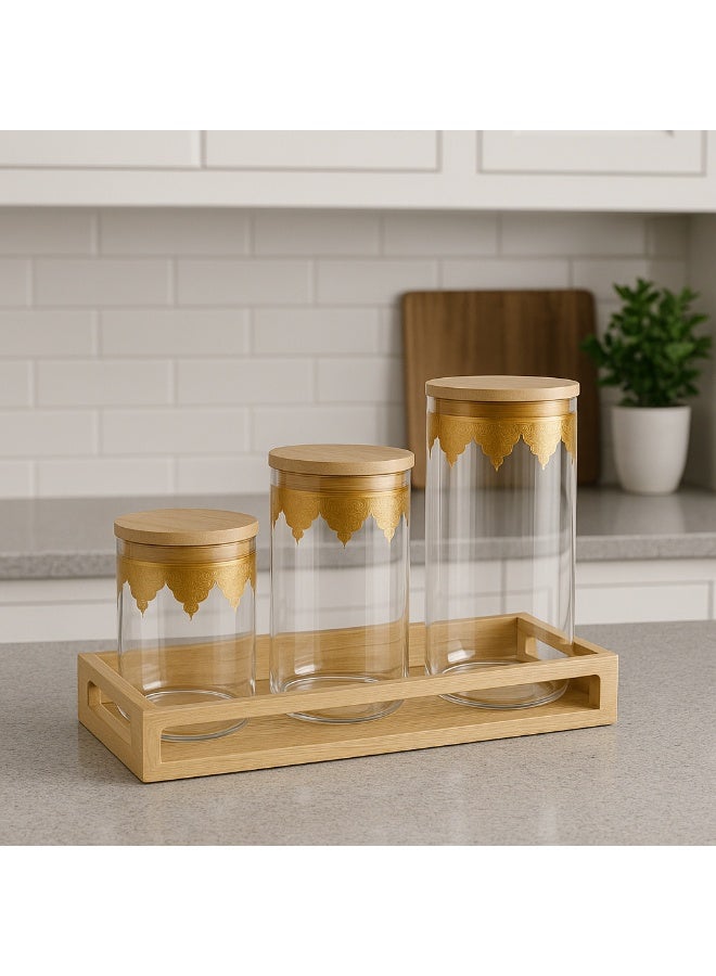 باصرة طقم علب حفظ زجاجية بثلاث مقاسات مع قاعدة خشبية – أغطية محكمة من الخشب بزخارف ذهبية أنيقة، – برطمان بهارات مع ستاند – مثالي لتخزين الشاي والقهوة والسكر والمكسرات في المطبخ - Image 5