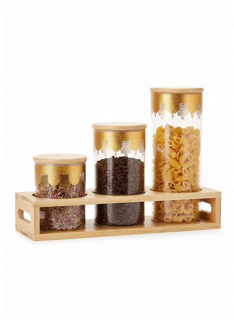 باصرة طقم علب حفظ زجاجية بثلاث مقاسات مع قاعدة خشبية – أغطية محكمة من الخشب بزخارف ذهبية أنيقة، – برطمان بهارات مع ستاند – مثالي لتخزين الشاي والقهوة والسكر والمكسرات في المطبخ - Image 1