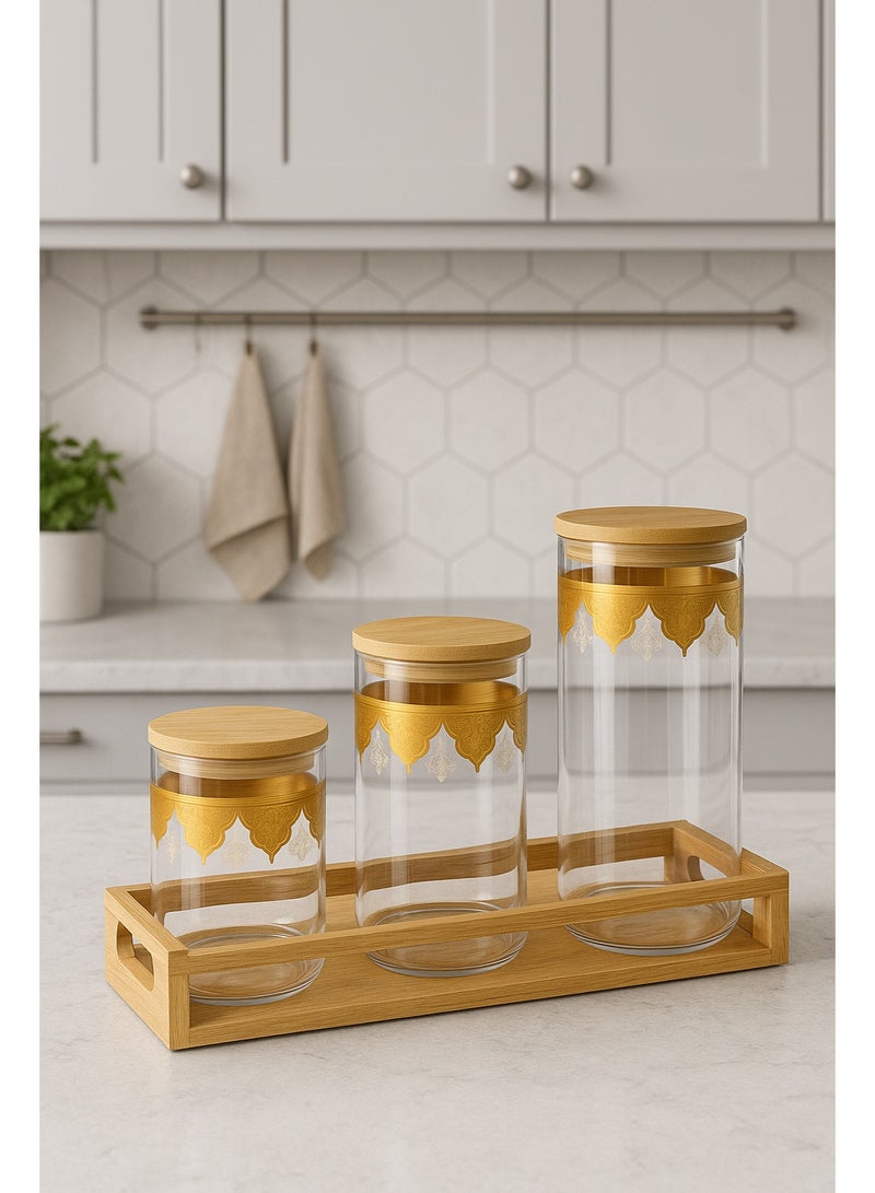 باصرة طقم علب حفظ زجاجية بثلاث مقاسات مع قاعدة خشبية – أغطية محكمة من الخشب بزخارف ذهبية أنيقة، – برطمان بهارات مع ستاند – مثالي لتخزين الشاي والقهوة والسكر والمكسرات في المطبخ - Image 2