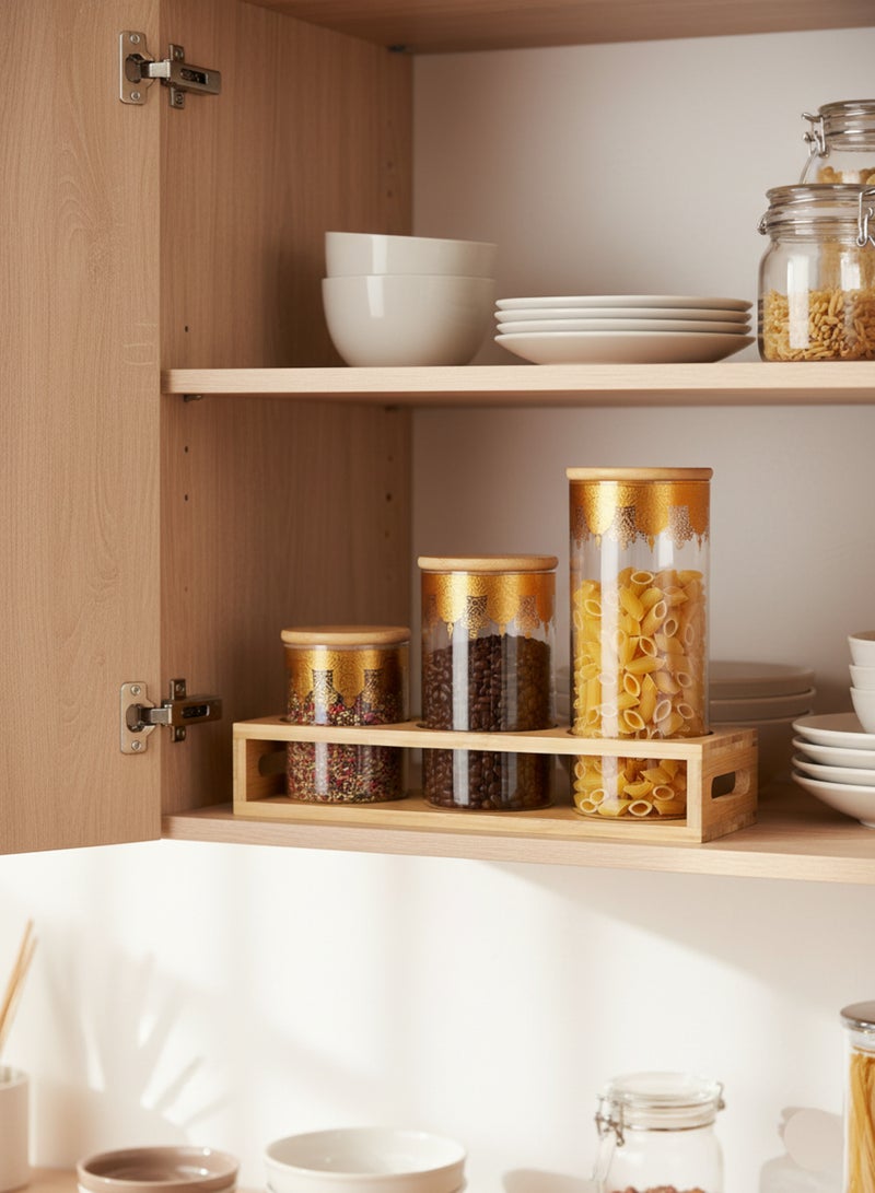 باصرة طقم علب حفظ زجاجية بثلاث مقاسات مع قاعدة خشبية – أغطية محكمة من الخشب بزخارف ذهبية أنيقة، – برطمان بهارات مع ستاند – مثالي لتخزين الشاي والقهوة والسكر والمكسرات في المطبخ - Image 4