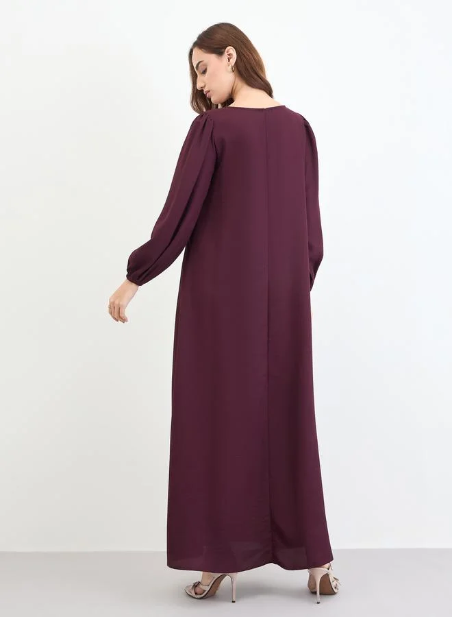 Amirah  Women Burgundy Tie-Up Neck Jalabiya for Women | Best Price UAE