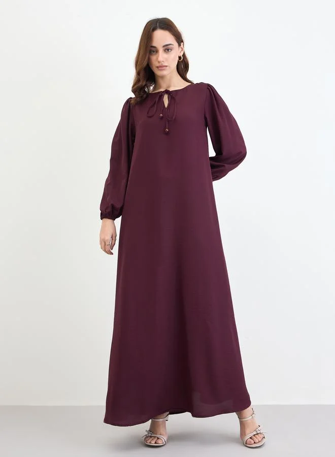 Amirah  Women Burgundy Tie-Up Neck Jalabiya for Women | Best Price UAE
