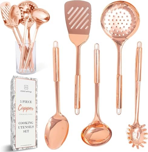 Copper Cooking Utensils Set  5Piece Rose Gold Stainless Steel Kitchen Tools for Cooking and Serving Includes Ladle Spoon Pasta Fork Spatula and Skimmer  Stylish Copper Kitchen Accessories