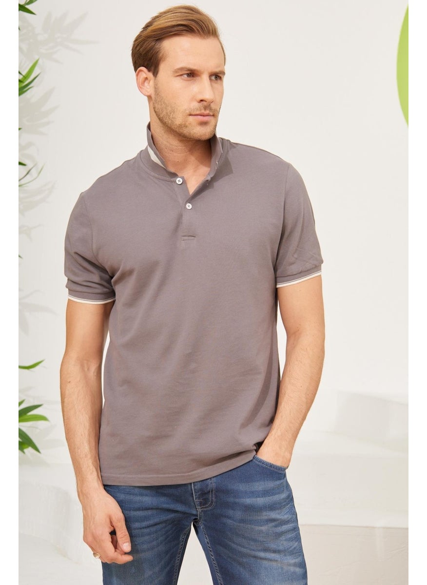 Odelon Men's Interstitial Collar Detailed Cotton Polo Collar T-Shirt Anthracite  - Image 2