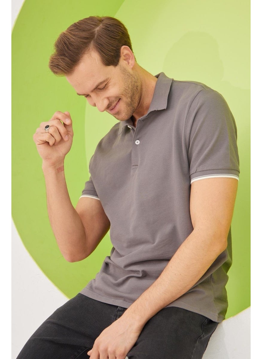 Odelon Men's Interstitial Collar Detailed Cotton Polo Collar T-Shirt Anthracite  - Image 3