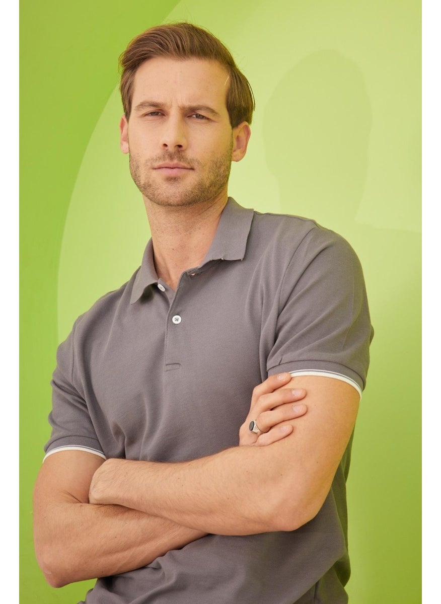 Odelon Men's Interstitial Collar Detailed Cotton Polo Collar T-Shirt Anthracite  - Image 4
