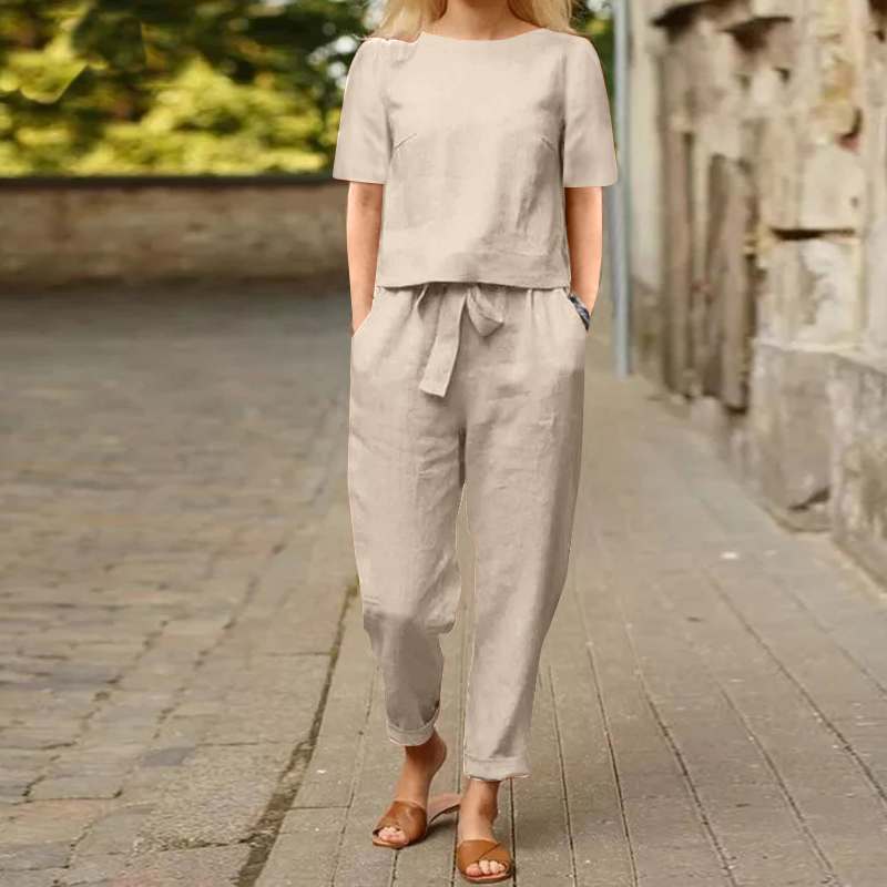 Cotton Linen Summer Two-Piece Set Khaki color is popular 