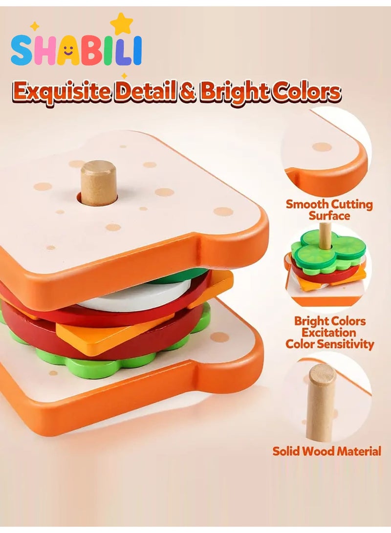 شبيلي لعبة تكديس شطيرة خشبية للأطفال من عمر ٣ سنوات مجموعة مطابقة الطعام مع ١٠ بطاقات وصفات تعليمية تنمية المهارات الإدراكية ولعب تمثيلي للأولاد والبنات هدية عيد ميلاد مثالية للعب الداخلي - Image 3