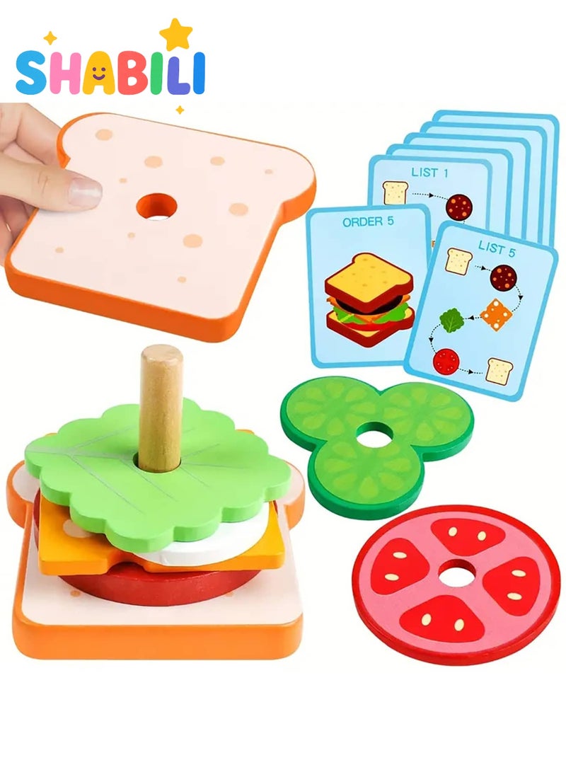 شبيلي لعبة تكديس شطيرة خشبية للأطفال من عمر ٣ سنوات مجموعة مطابقة الطعام مع ١٠ بطاقات وصفات تعليمية تنمية المهارات الإدراكية ولعب تمثيلي للأولاد والبنات هدية عيد ميلاد مثالية للعب الداخلي - Image 1