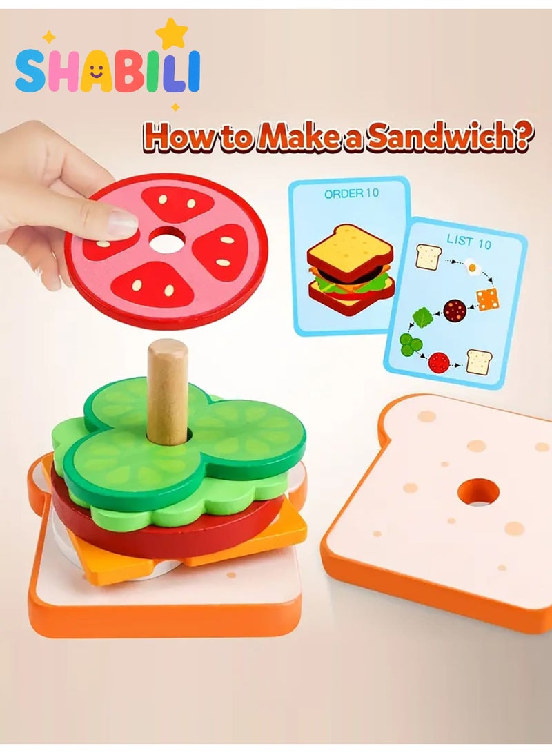 شبيلي لعبة تكديس شطيرة خشبية للأطفال من عمر ٣ سنوات مجموعة مطابقة الطعام مع ١٠ بطاقات وصفات تعليمية تنمية المهارات الإدراكية ولعب تمثيلي للأولاد والبنات هدية عيد ميلاد مثالية للعب الداخلي - Image 4
