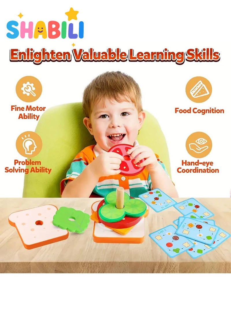 شبيلي لعبة تكديس شطيرة خشبية للأطفال من عمر ٣ سنوات مجموعة مطابقة الطعام مع ١٠ بطاقات وصفات تعليمية تنمية المهارات الإدراكية ولعب تمثيلي للأولاد والبنات هدية عيد ميلاد مثالية للعب الداخلي - Image 5