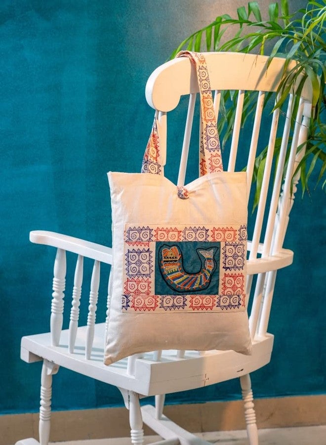 INDHA Multi color Fish Embroidered And Block Printed Multipurpose Tote Bag - Image 2