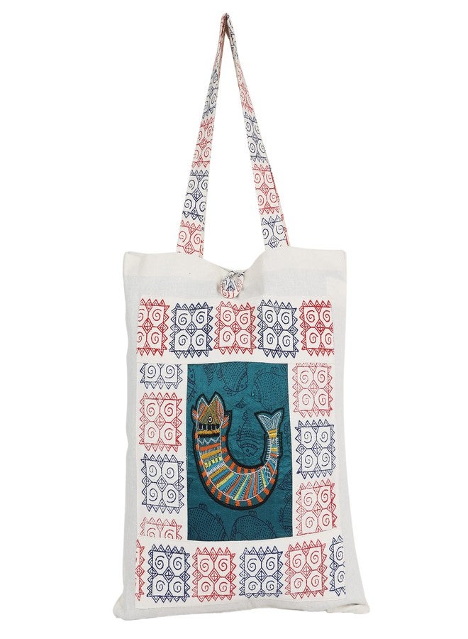 INDHA Multi color Fish Embroidered And Block Printed Multipurpose Tote Bag - Image 1