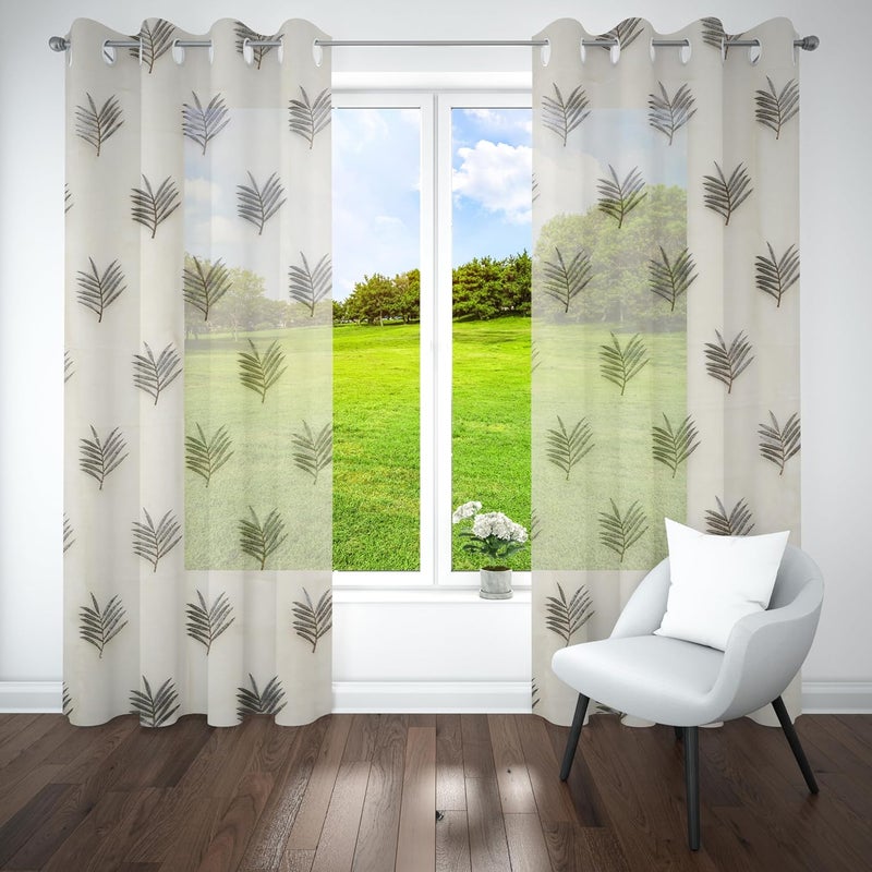 Parda Online 9Ft Grey Sheer Tissue with Embroidery Leaf Design Eyelet Window Curtain - Pack of 2 - Image 3