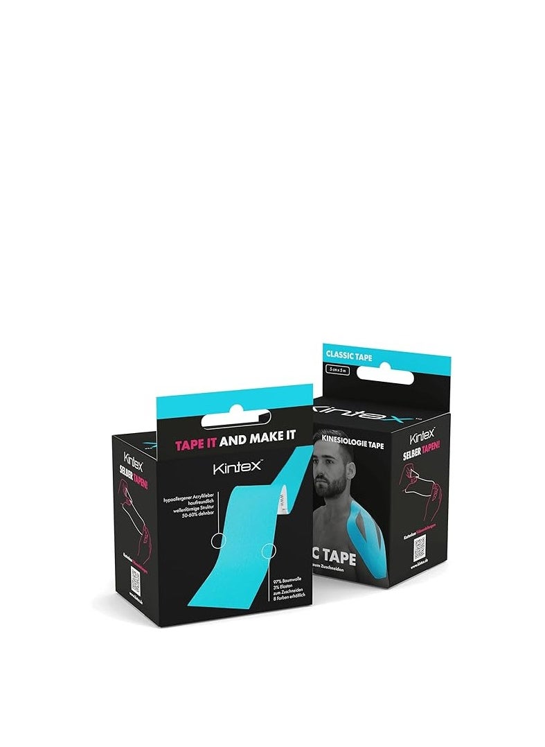 Kintex Kinesiology Tape Classic 5 cm x 5 m, Physio Tape, Therapy Tape, Elastic, Waterproof, Skin-Friendly - Blue