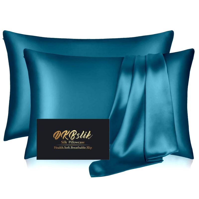 DKBslik Silk Pillowcase 2 Pack  Mulberry Silk Pillow Cases Queen Size Set of 2  Anti Acne Silk Pillowcase for Hair and Skin  Natural Silk Satin Pillowcases Gifts for Women Men 2 Pack with Zipper  Teal - Image 1