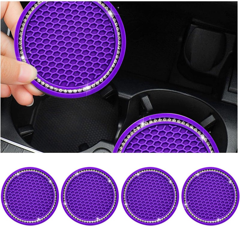 4-Pack Bling Car Coaster, 2.75 Inch Crystal Rhinestone Auto Cup Holder Insert, Anti-Slip Durable Car Drink Mat, Universal Vehicle Interior Decor (Purple & White) - Image 1