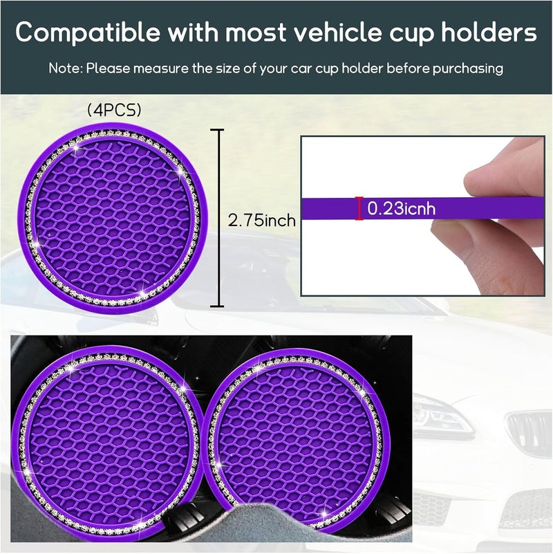 4-Pack Bling Car Coaster, 2.75 Inch Crystal Rhinestone Auto Cup Holder Insert, Anti-Slip Durable Car Drink Mat, Universal Vehicle Interior Decor (Purple & White) - Image 2