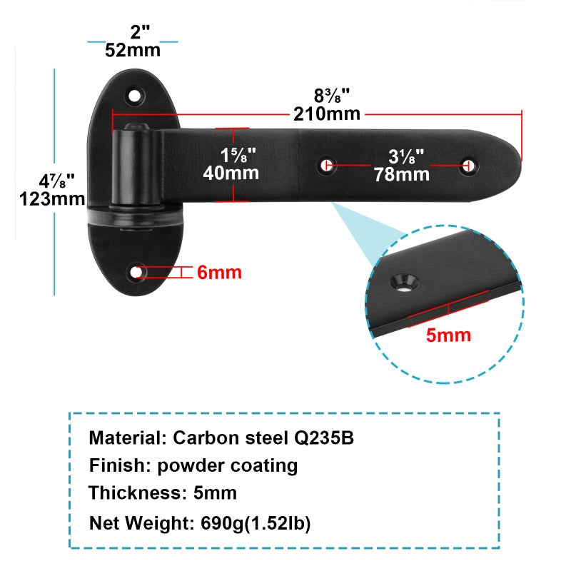 Mountain_Ark 4 Pack 8-3/8"" Black T Strap Gate Hinge  Heavy Duty Cranked Band Lift Off Hinge For Fence Shed Barn  3/16"" Thick - Image 2