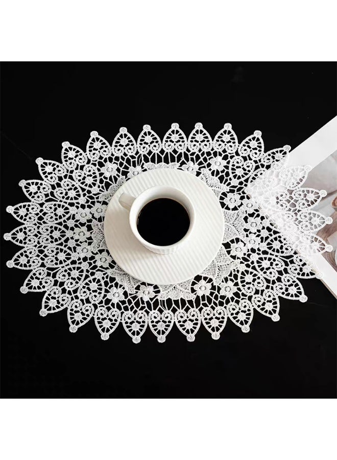 Retro Tulip Lace Placemats, Delicate Embroidered Vase Mat， Handmade Embroidered Table Mats, Elegant Dining Accessories, 17.7x11.4 Inch 1 pcs White - Image 3