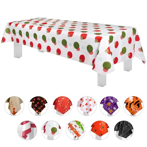 Grandipity Red and Green Holiday Snow Flake Design 12 Pack Premium Disposable Plastic Tablecloth 54 Inch x 108 Inch Decorative Rectangle Table Cover