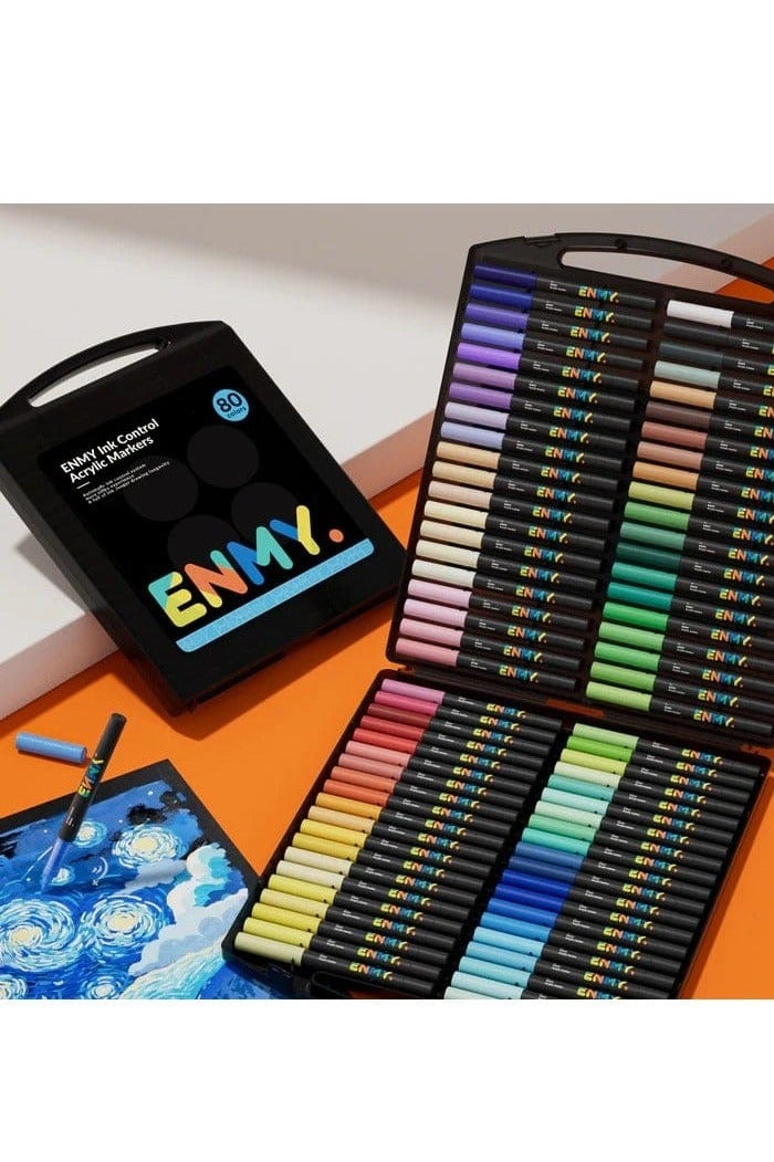 العدو مجموعة أقلام تلوين أكريليك سائل مباشر من ENMY – ‎80 لونًا زاهيًا مع درجات البشرة | أقلام تلوين احترافية للرسم على القماش، الخشب، الزجاج، السيراميك، الحجر، اللوحات | حبر مائي غير سام سريع الجفاف | مثالي للفنانين، الأعمال اليدوية والهدايا - Image 1