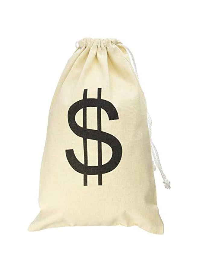 Large Canvas Natural Money Bag Pouch with Drawstring Closure and Dollar Sign Design for Toy Party Favors, Bank Robber Cowboy Pirate Theme, Carrying Case Sack - Image 1