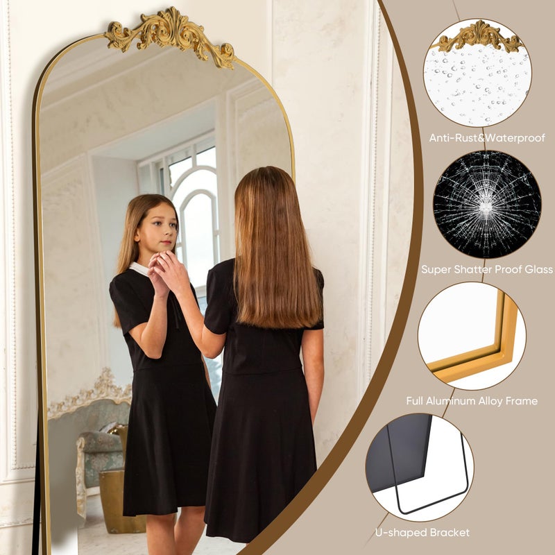 Antok Arched Full Length Mirror, 71"x28" Floor Mirror with Carved, Full Body Mirrors for HomeDecor, Standing/Halling Large Wall Mirror for Bedroom, Living Room, Cloakroom, Gold, Retro Style - Image 5