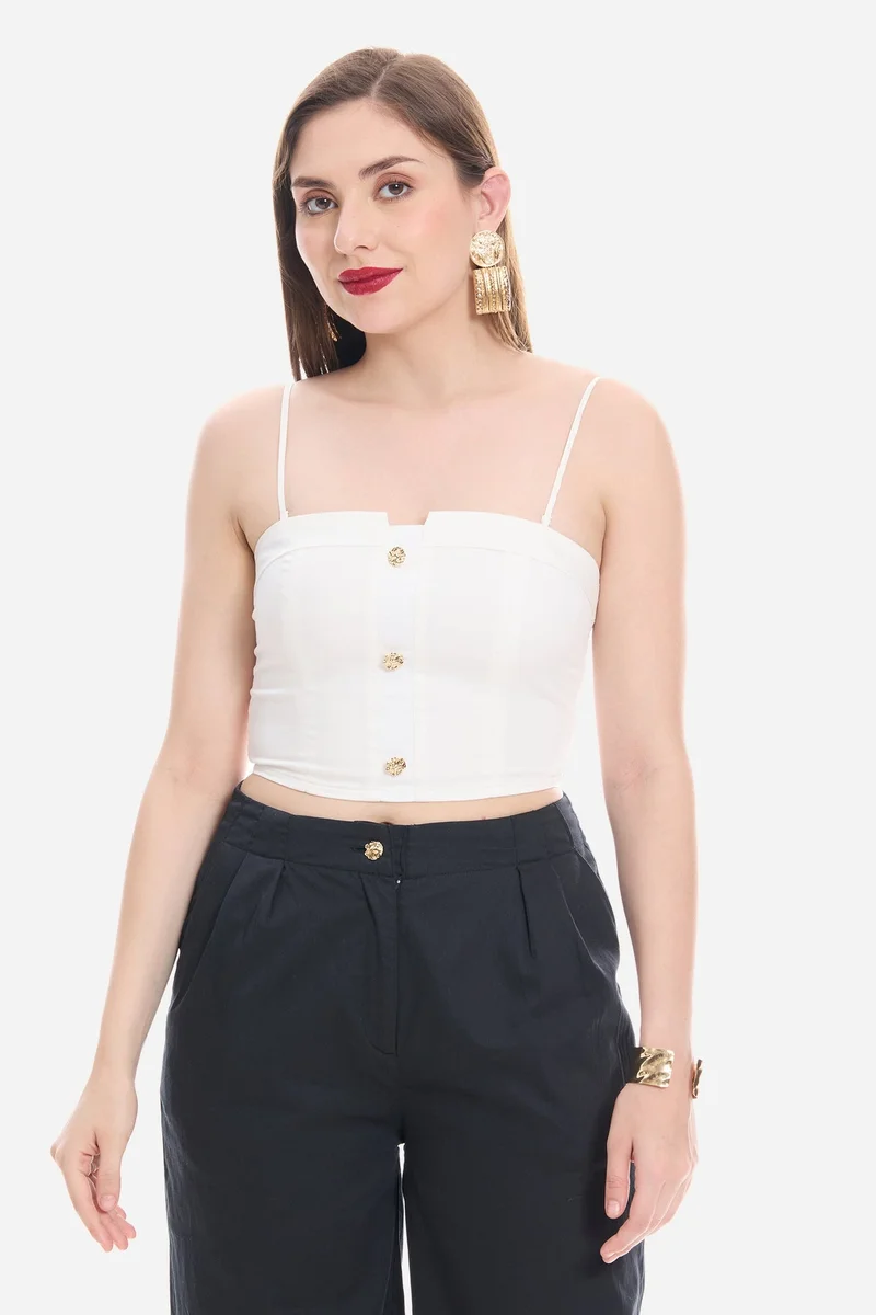 فيرجيو Solid Cotton Satin Tube Top with Detachable straps And Gold Buttons for Women