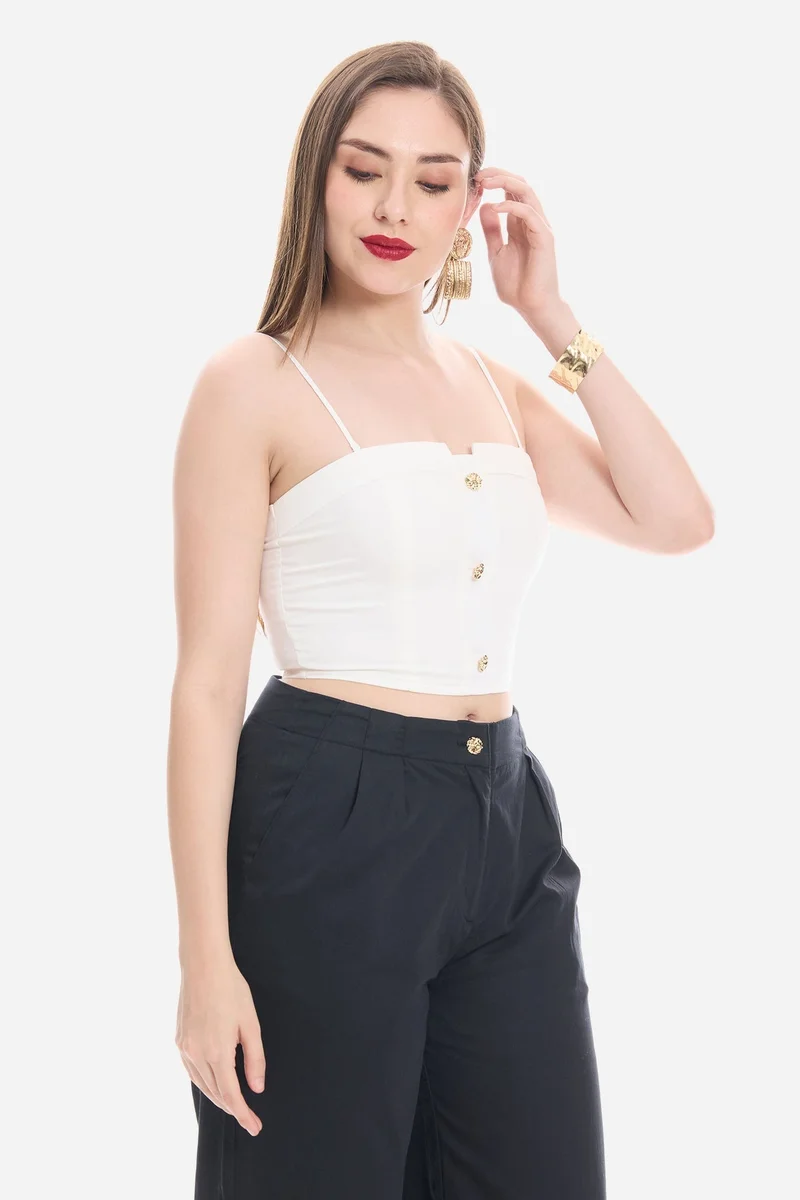 فيرجيو Solid Cotton Satin Tube Top with Detachable straps And Gold Buttons for Women