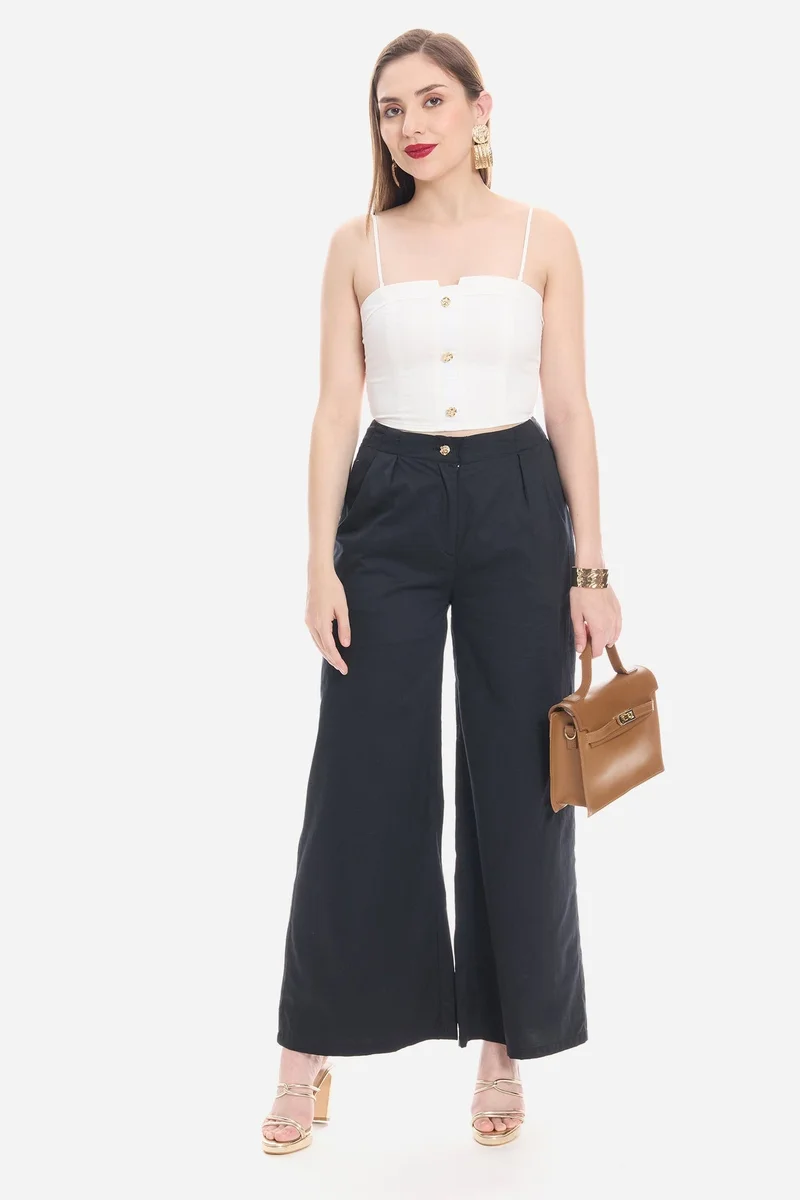 فيرجيو Solid Cotton Satin Tube Top with Detachable straps And Gold Buttons for Women