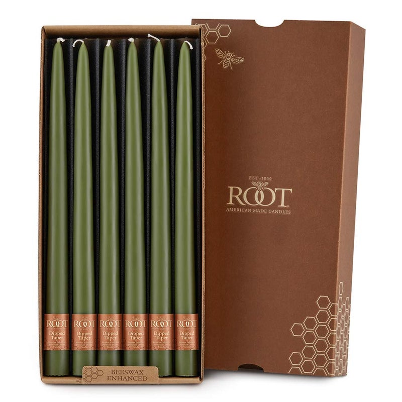 Root Candles 12Count Unscented Taper Candles Smooth HandDipped Dripless Beeswax Enhanced Boxed Candle Set 12Inch Dark Olive