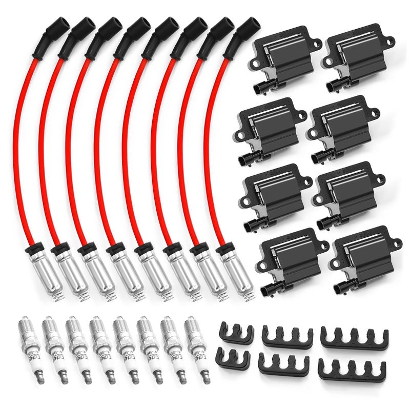 Yunnergo 8 Pack Square Ignition Coil D581 UF271 Iridium Spark Plug Wire M848322R Compatible with Silverado 1500 2500 3500 48L 53L 60L 81L 19992007 12556893 12558693 12570553 3859078 38590782