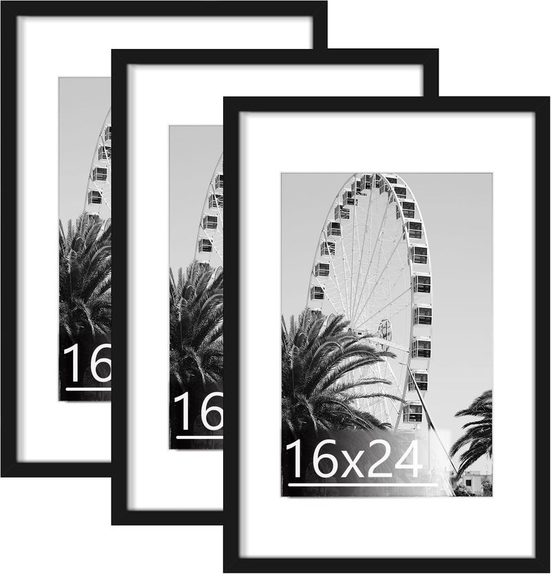 Abtgt 16x24 Frame Set of 3 Display Pictures 12x18 with Mat or 16 x 24 Without Mat Poster Frames for Vertical  Horizontal Wall Hanging Display Black