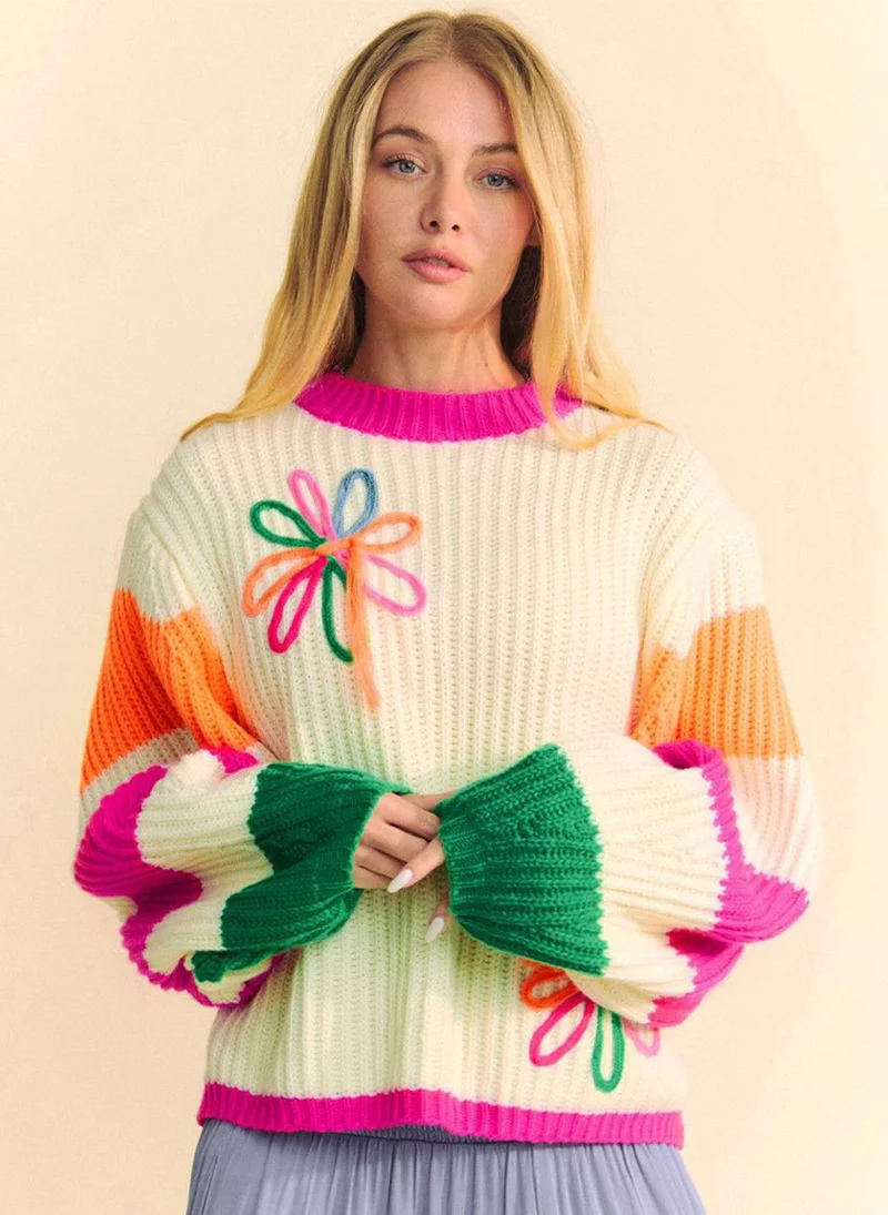 يونيكي Off White  Embroidered Round Neck Pullover Sweater